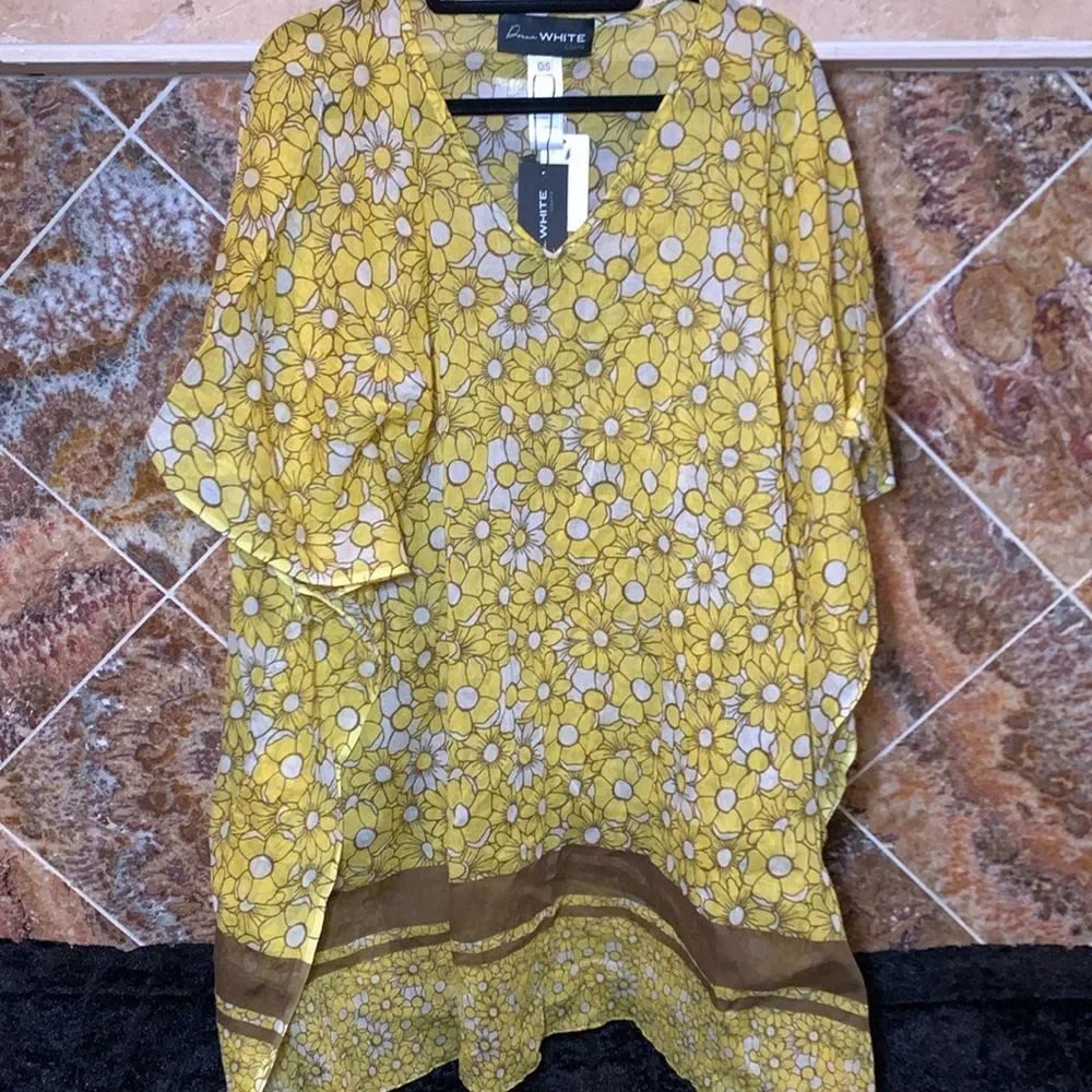 Women's Yellow Daisy Cotton Kaftan Swimsuit Cover Up & Matching Flip Flops NWT